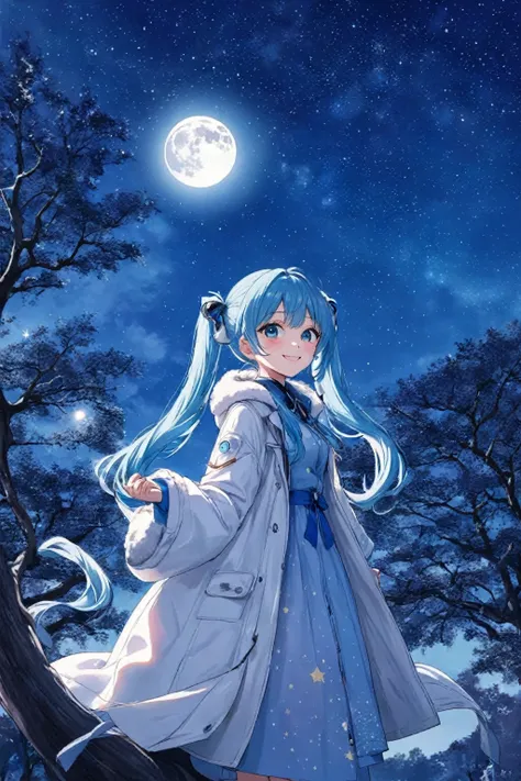 Full moon on the sky tree、 starry sky 、 light blue long hair、 Beautiful Girl with Twin Tails 、 bright smile、white down coat