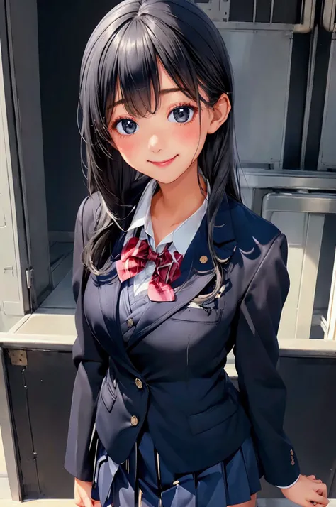  cute beautiful girl、Navy Blue Blazer、 Grey Short Skirt 、 school uniform、 Angelic Smile、 Glossy Black Hair 