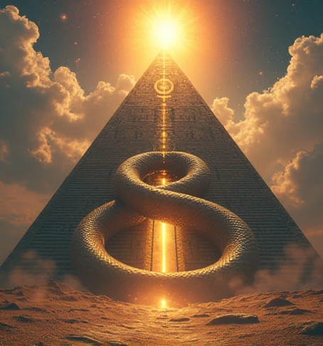 Create an Image with an intercessory interrelation between a pyramid and a serpent