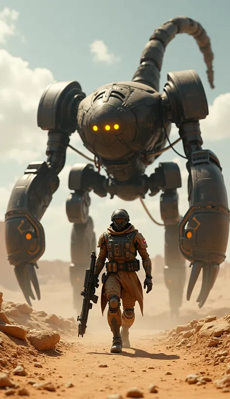 Create a futuristic war scene featuring a colossal black scorpion robot standing protectively behind an Egyptian commando dressed in desert camouflage. The robot, a hybrid of scorpion and machine, is armored with battle-worn metallic plates, glowing yellow...