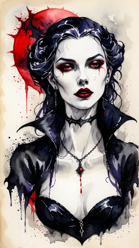 Ink and watercolor illustration on parchment. In the midst of a fantasy realm, a mysterious female vampire. head only. red lips. gothic aesthetic. aggressive.