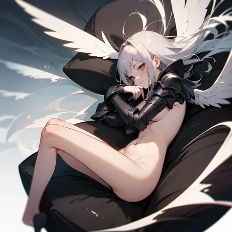 anime girl image,  silver hair ,
dark angel,((Six wings,black)),((half naked))
((Fetal position )), black armor, full scale 
(( floats below a large black flower))
Dark fantasy , evil smile 
, masterpiece,
, High resolution 