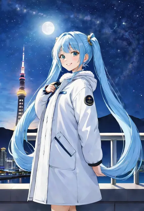 Crescent Moon on Skytree 、 starry sky 、 light blue long hair、 Beautiful Girl with Twin Tails 、 bright smile、white down coat