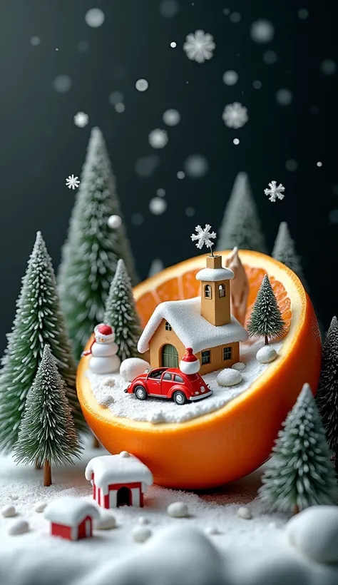 ...

Surrealistic art 3d  , in a slice of orange is a snow village,Christmas trees ,snowman, red car , Santa Claus ,dark botanical,on a black textured background , In detail,magic,Minimalism,макросъемка
ultra-л-detailed, matte-painting, Ultra HD, HDR+, 300...