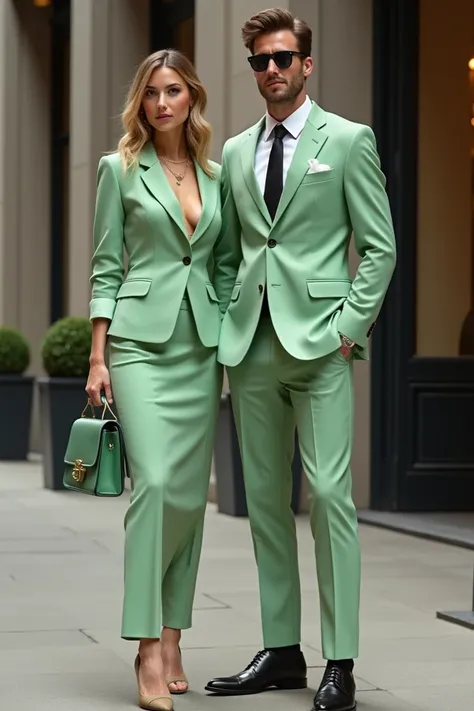 For a lady in a light green suit together with a guy with the best matching suit 