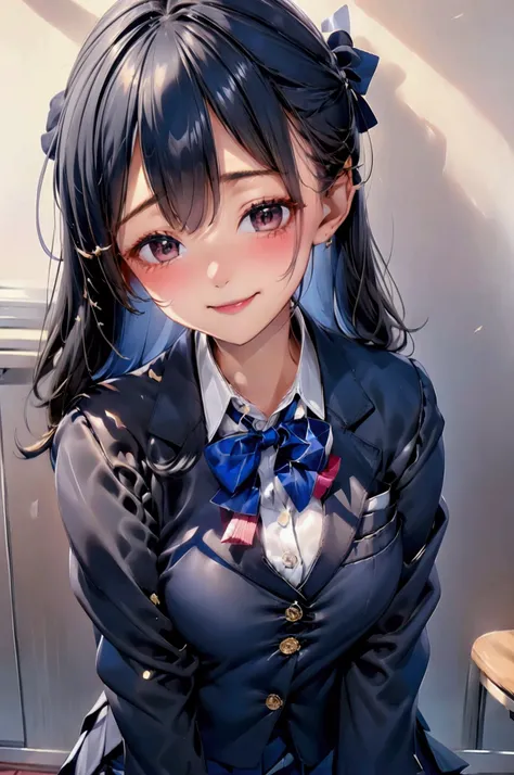  cute beautiful girl、Navy Blue Blazer、 Grey Short Skirt 、 school uniform、 Angelic Smile、 Glossy Black Hair 