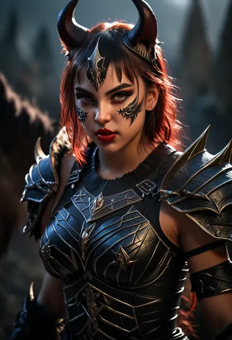 a demonic cat warrior,(1girl:1.2),detailed facial features,detailed eyes and lips,cat ears,claws,fangs,horns,demonic wings,detailed fur texture,detailed muscle definition,intricate armor,medieval battlefield background,dark moody lighting,digital painting,...