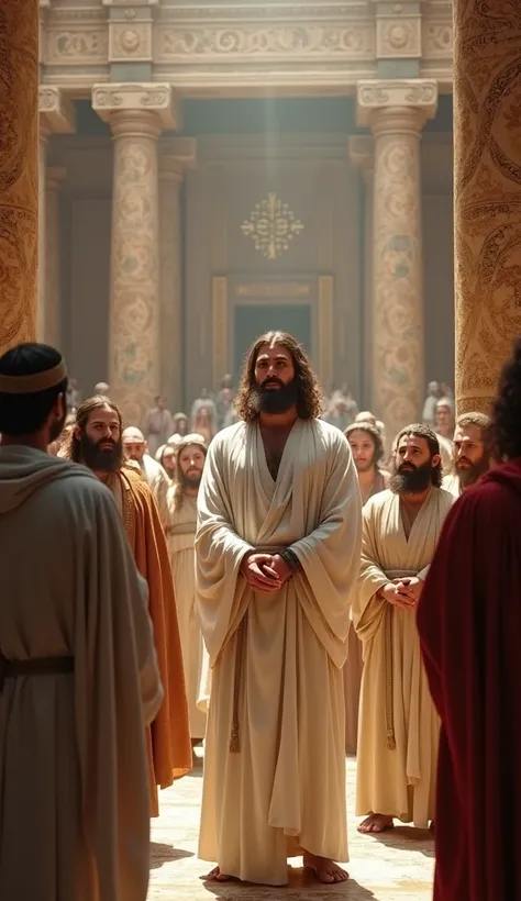  Create a young man with hair up to half his neck, brown color and beard ,  dressed in white robes ,  long sleeves style biblical times ,  sad, with his hands tied standing ,  preaching to Jewish priests,  In a temple of biblical times . with a wide view o...