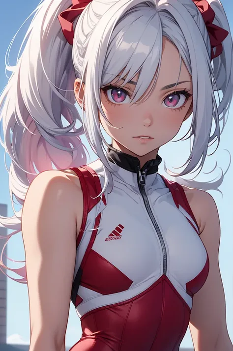 Todoroki, super young  gymnast with snowy white hair in a neat ponytail, wears a simple pink leotard. One half of her hair is radiant white, the other fiery red. Her heterochromatic eyes—icy blue and warm gray—glow with confidence and charm. The leotard is...