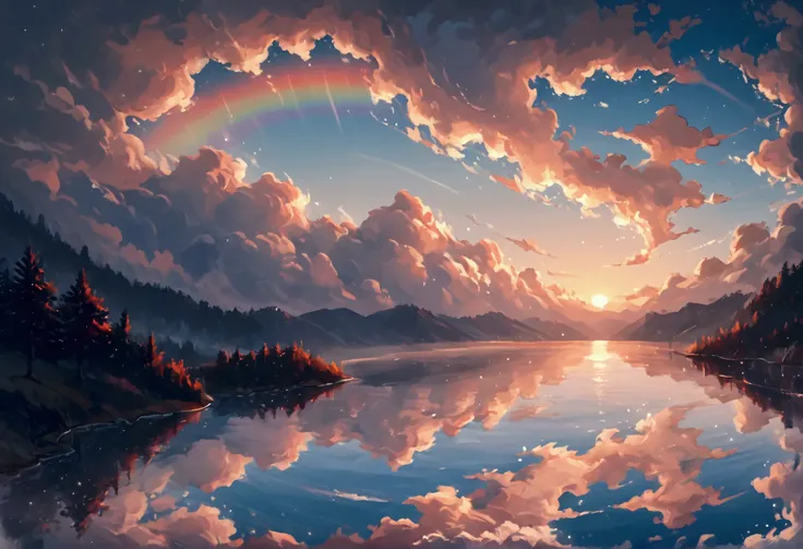 score_9, score_8_up, score_7_up, score_6_up, score_5_up, score_4_up, fantasy art, comic art, there is a magical rainbow and white clouds, falling into a placid lake, tranquil lake, the rainbow and the clouds are reflected in the lake, National Geography ph...