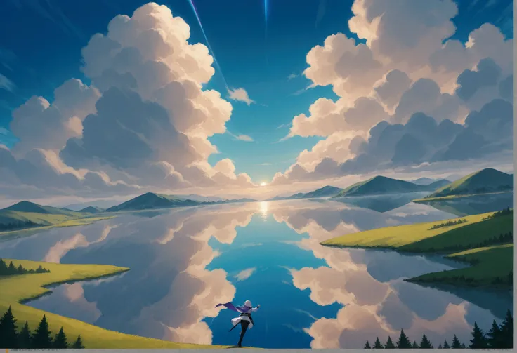 score_9, score_8_up, score_7_up, score_6_up, score_5_up, score_4_up, fantasy art, comic art, there is a magical rainbow and white clouds, falling into a placid lake, tranquil lake, the rainbow and the clouds are reflected in the lake, National Geography ph...