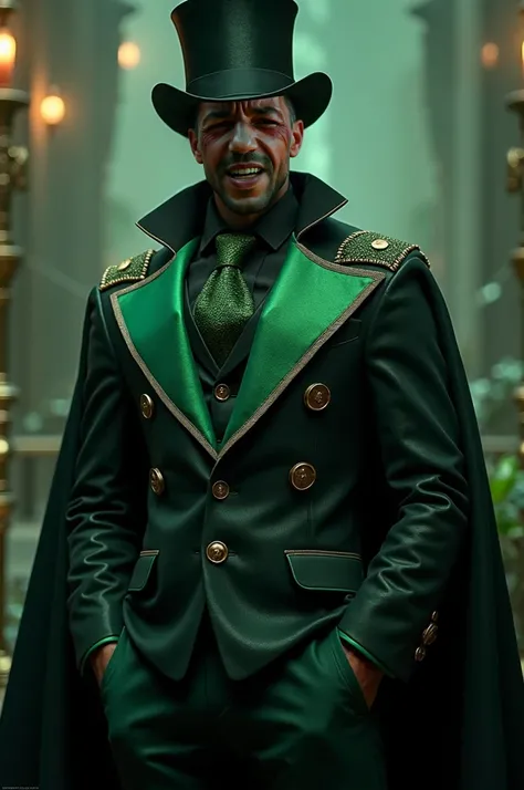   create a picture of a brunette  , With a green and black suit  ,   make him with a green and black cape and a high hat