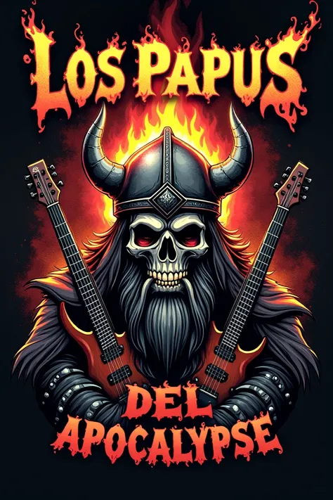 A logo of a rock band ;  that has a skull in Viking clothing , rock instruments such as guitar ,  basses or drums and that the skull is on fire, Dont forget the text  " Los Papus del Apocalypse "  remember to do it pirate flag style 