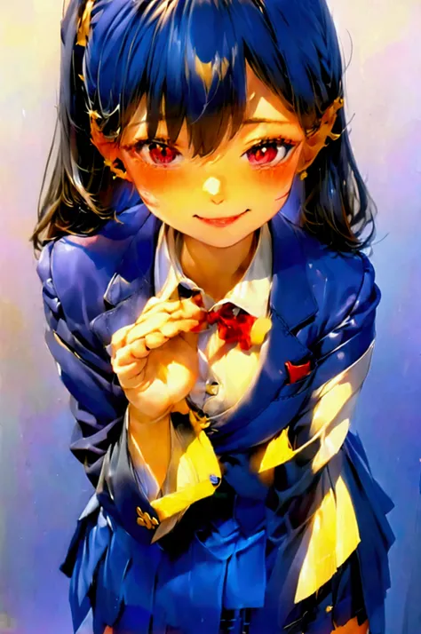  cute beautiful girl、Navy Blue Blazer、 Grey Short Skirt 、 school uniform、 Angelic Smile、 Glossy Black Hair 