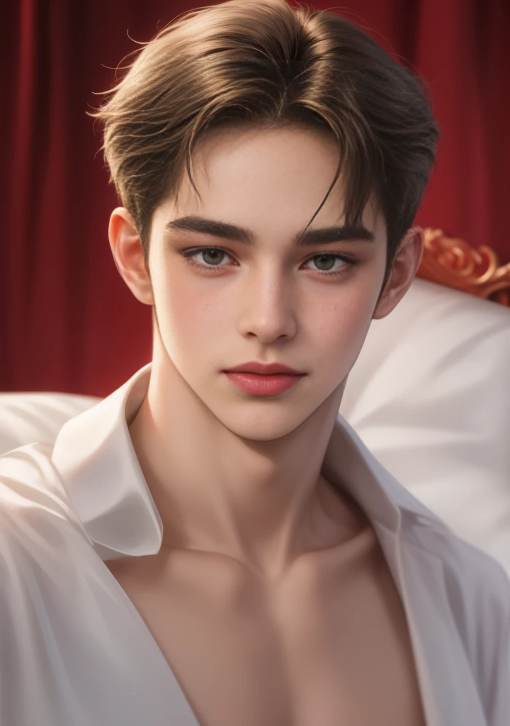 masuter piece，An ultra-high picture quality，Cute One Boy, smooth brown short hair，No person, Beautiful and accurately depicted body and face, red blush, bed in love hotel