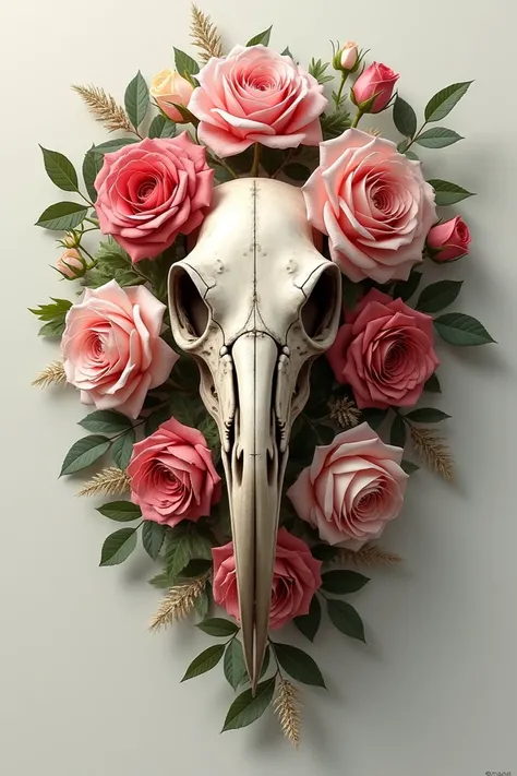 A cassowary skull with roses