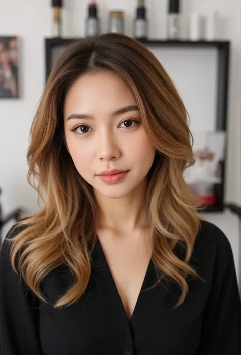 Latina woman in her late 20s, wavy ombré hair, freshfaced makeup, wearing a chic black top, professional expression, salon environment with styling tools in background