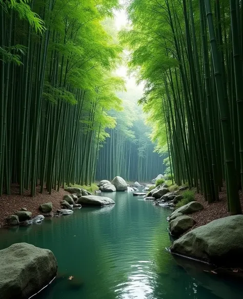 bamboo forrest，bamboos，ponds，waterfallr