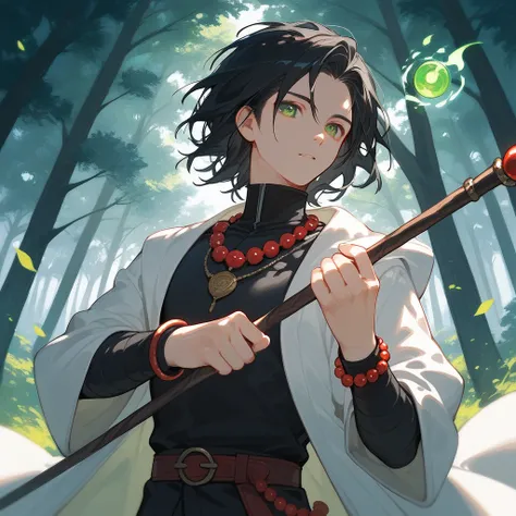  ((close up)), score_9, score_8_up, score_7_up, (solo), 1male, ((magic staff))), medium hair, black hair, green eyes, outdoor, white kimono, fingers, ((hands)), bracelet, belt, ((pose)), tree, red beads necklace, ((hand extended)), ((pattern)), long sleeve...