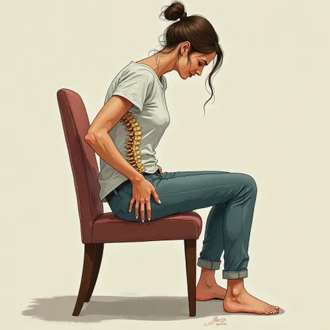  illustrate a woman sitting in a chair,  with a spine all wrong and sore ,  your posture is crooked and wrong , similar to scoliosis .. she is dressed