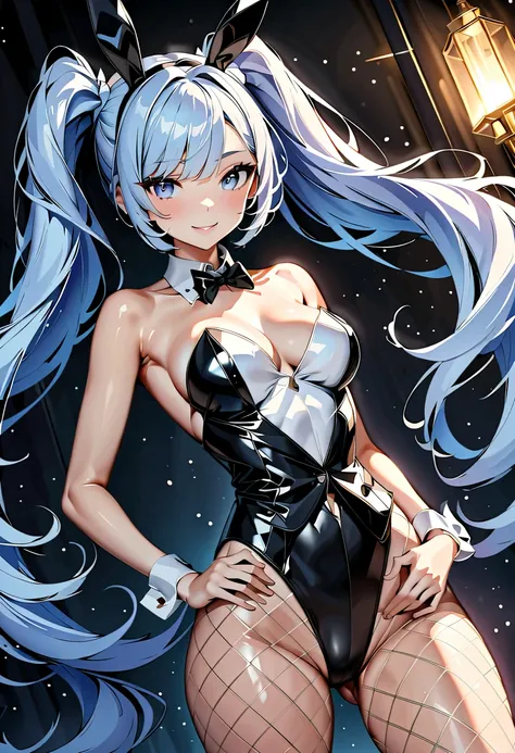 (Highest quality:1.2, High detail, masterpiece:1.2, Best aesthetics), (1 Girl), Cowboy Shot, ((Playboy Bunny, Fishnet tights:1.2, Bunny ears, ハイレグ leotard, 白leotard:1.1, leotard)), (Light blue hair, Twin tails, Asymmetrical bangs, Light blue eyes), Beautif...