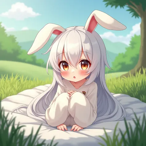 ( better quality,4K,8 k, high definition ,masterpiece:1.2), extra detailed , realistic , photorealistic:1.37,  sits on your knees in bed ,  rabbit ears grow out of hair , anime big breasts ,landscape, beautiful detailed eyes,beautiful lips,  drawn in detai...