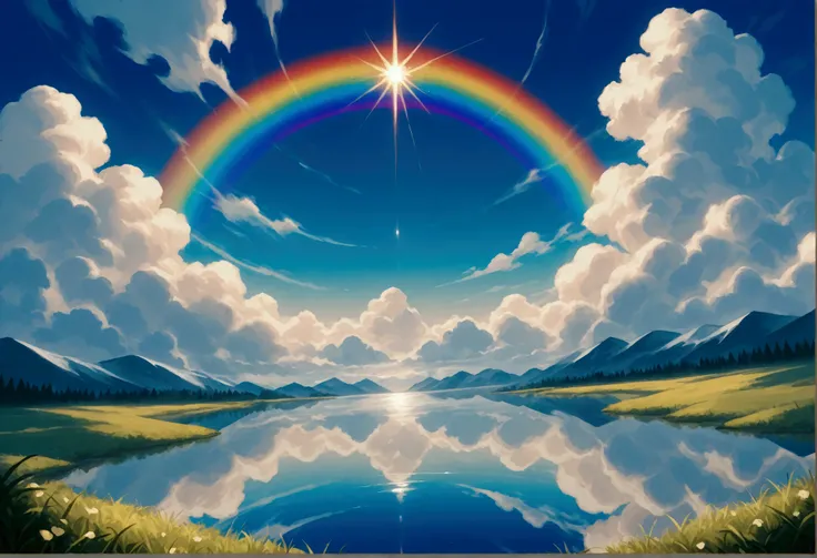 score_9, score_8_up, score_7_up, score_6_up, score_5_up, score_4_up, fantasy art, comic art, there is a magical rainbow and white clouds, falling into a placid lake, tranquil lake, the rainbow and the clouds are reflected in the lake, National Geography ph...