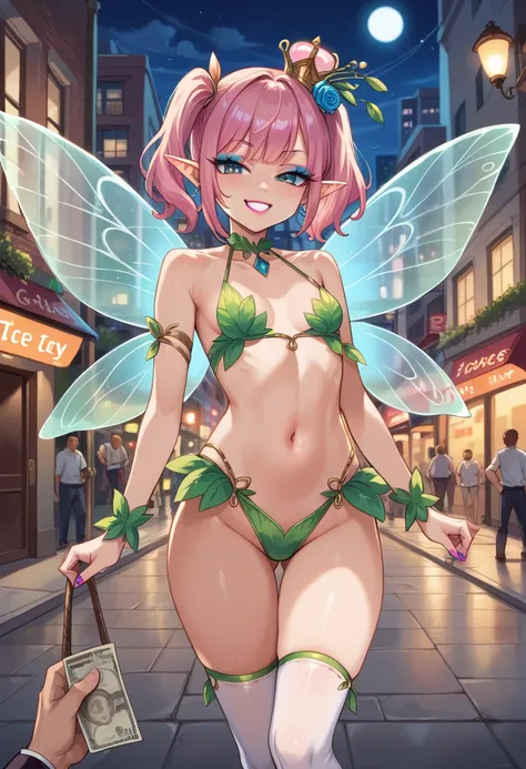 Score_9, score_8_up, 4k, 8k, detailed face, source_anime, smug fairy girl with small breasts, skimpy outfit, flying, fairy wings, slut, prostitute fairy, whore, city, nighttime, lantern, street, neon lights, red-light-district, prostitute, prostitute fairy...