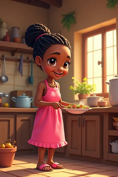 Consistent character cartoon African girl s, black braided hair, light skin complexion, pink dress and pink sandals, cooking in a traditional African kitchen 