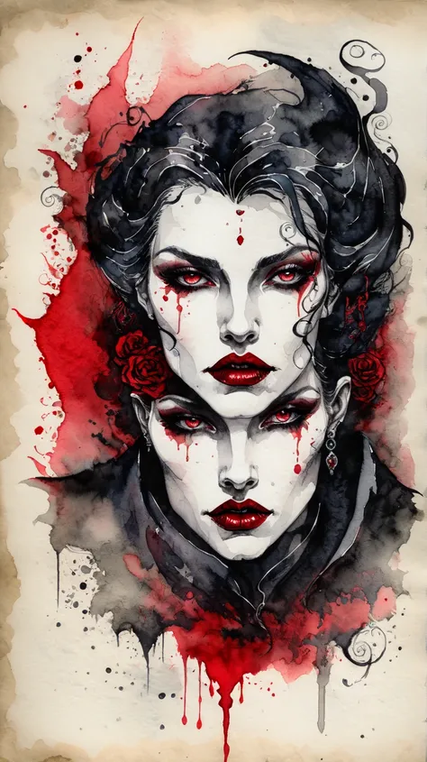 Ink and watercolor illustration on parchment. In the midst of a fantasy realm, a mysterious female vampire. head only. red lips. gothic aesthetic. aggressive.