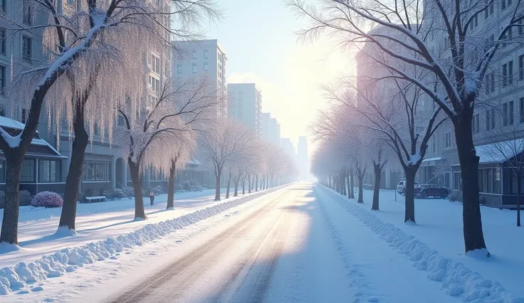 " Winter cityscape on a clear day .  Snow-white snow covers the roofs of buildings and sidewalks ,  bright sunshine creates long shadows on icy streets.  Empty roads stretch along snow-covered trees ,  and ice crystals stand along the buildings , hanging f...