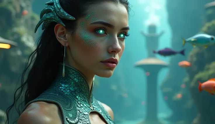 A close-up of an Atlantean woman wearing a sleek two-piece dress with shimmering details resembling scales. Her eyes glow faintly, reflecting the advanced and mystical nature of Atlanteans. Behind her, futuristic houses blend into the aquatic environment, ...