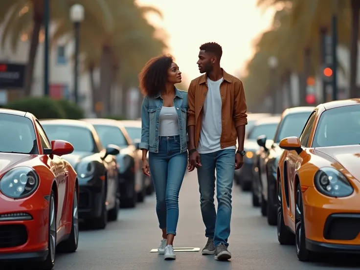 un jeune homme noir simple en jean et tee shirt se promène avec à une jeune jolie femme noire qui regarde de voitures de luxe