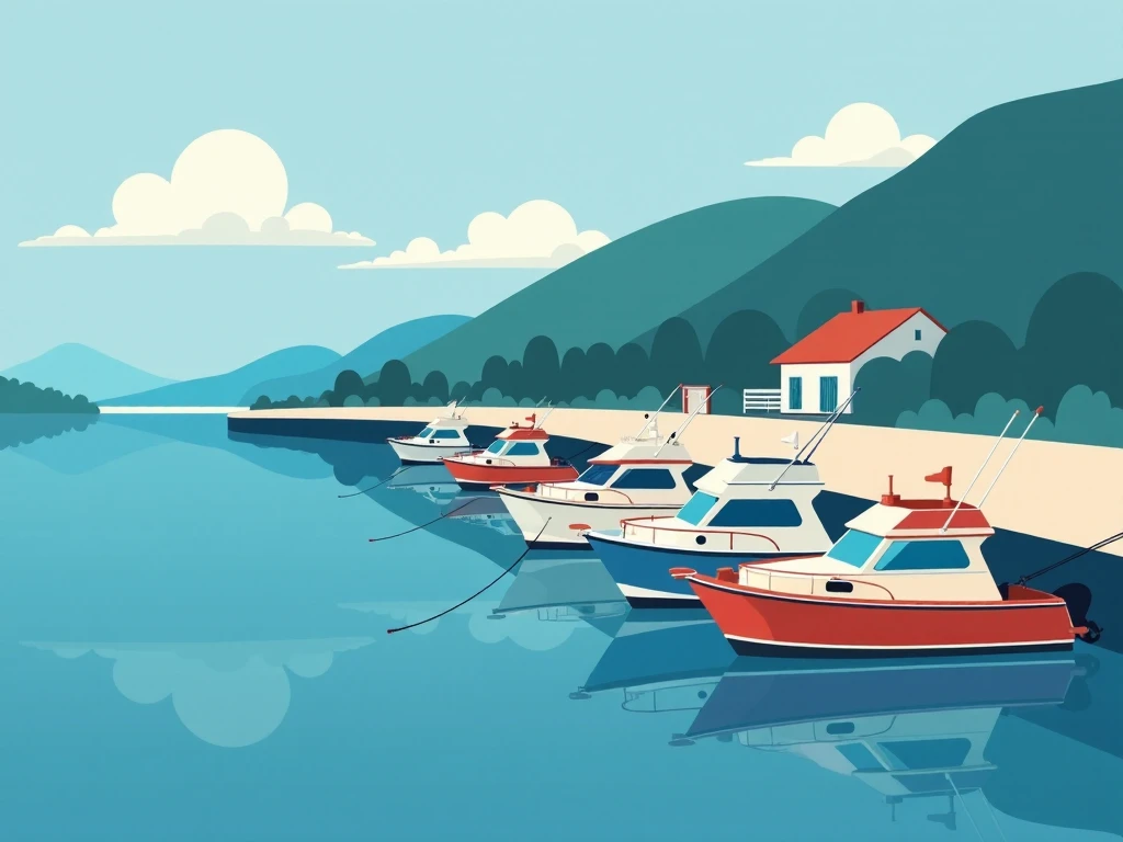 flat minimalistic modern illustration for hero section website about selling and buying boats. harbor full of boats parked at the dock. Picasso style. Blueish tone