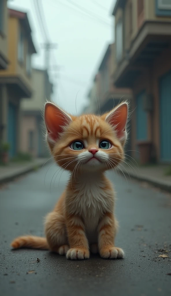 A small, scruffy kitten, showing its big, tearful eyes full of sorrow. The kittens expression is one of deep loneliness as it looks around the empty street, its tiny body trembling in sadness.