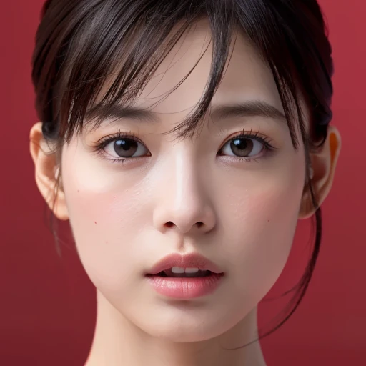 (masterpiece, best quality, perfect anatomy, highres, 8k, realistic, photorealistic, natural skin texture:1.2), 1girl, solo, Japanese, age20, erogao, parted lips, jp idol, (moist eyes), glossed lips, face closeup, from front, nude, spot lighting, red backg...