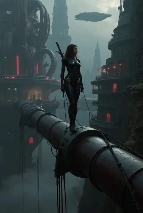  Vertiginous megacities futurism ,  on a dark sky . Avec ces tour haut. Inhabited bridges .  World Futurism .  Des colonnes en bas des formes de racine,  Armed with a black biomechanical weapon with cables connecting with her integral stealth suit {x} {x} ...