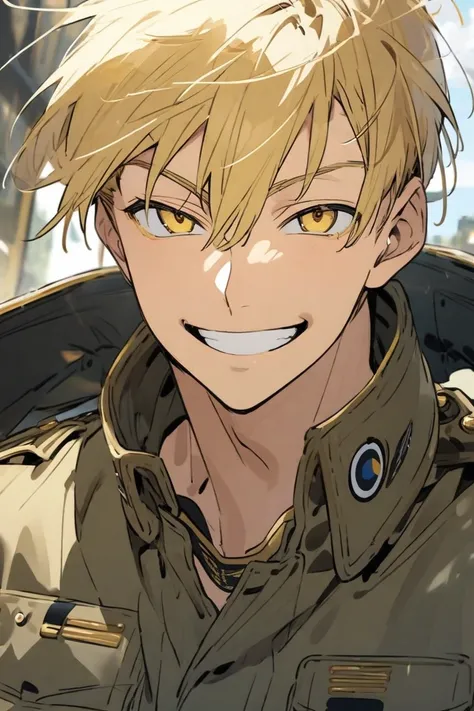 blond man short air military golden eyes smile