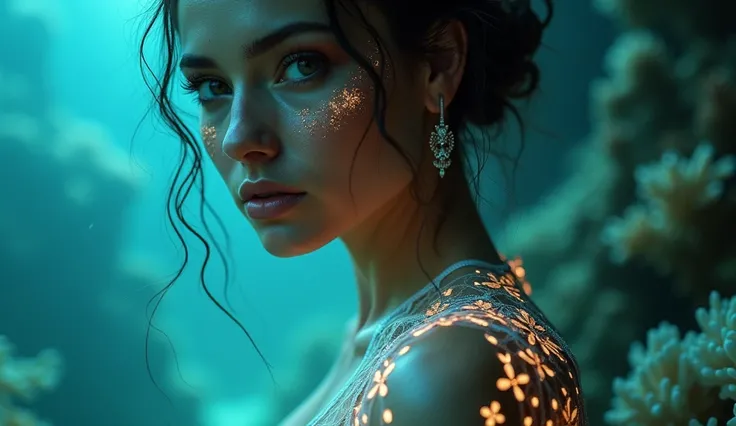 "A close-up of an Atlantean woman wearing intricately designed lace splicing lingerie underwear, blending elegance with futuristic aesthetics. Her attire shimmers faintly with bioluminescent accents, complementing the glowing coral structures behind her. T...