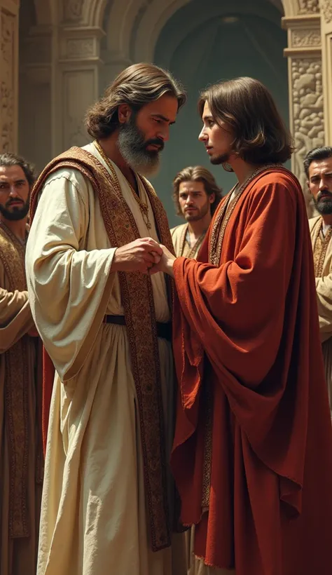 Creating a Jewish priest from biblical times by tearing his robe,  in front of a young man with hair up to half his neck, brown color, wearing white biblical times style ,  robe inside a temple from biblical times .and other priests surrounding them .