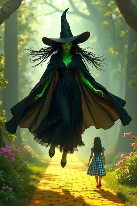 A green-skinned witch in a black dress with a black cape with a black hat flying in the direction of one of braids, a checkered blue dress and socks with shiny ruby shoes on a yellow brick road.