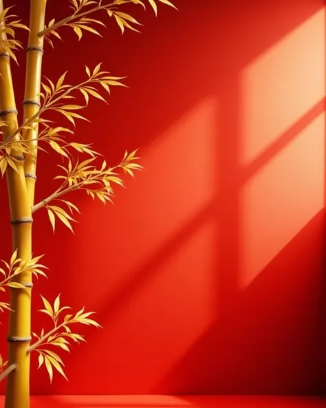 Realistic photography style. Background red color. A few golden yellow bamboo trees and leaves on the left side of the image are very bright and shiny , giving off a soft sense of light . Light and shadows from the window are projected on the right backgro...