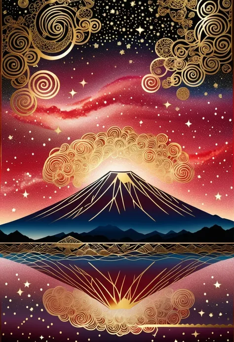 (Top Quality, High Resolution, Ultra Clear), Gold red Tone, Mt. Fuji, Starry Sky, Zentangle Landscape, Gold Foil Art