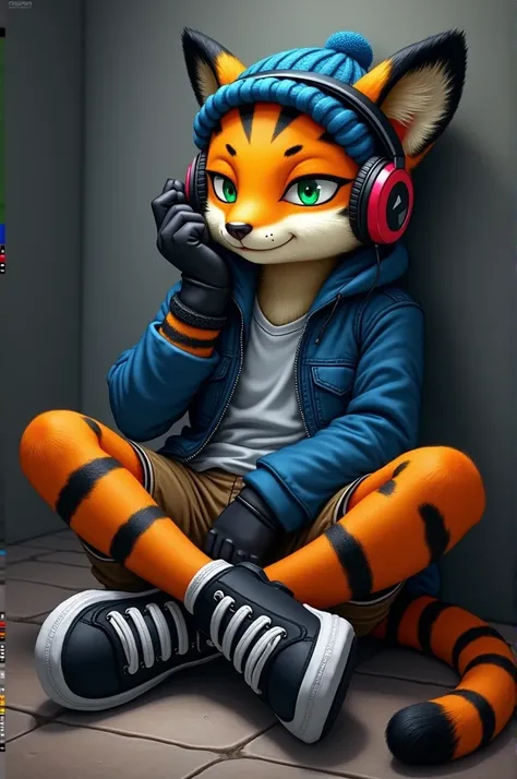  anthropomorphic tiger mobian introvert orange with black stripes black ears with blue wool hat ,  green eyes, headband headphones,  blue military jacket , grey t-shirt,  brown shorts black sneakers sitting enjoying the music pose of Victoria 
Sonic Mobian...