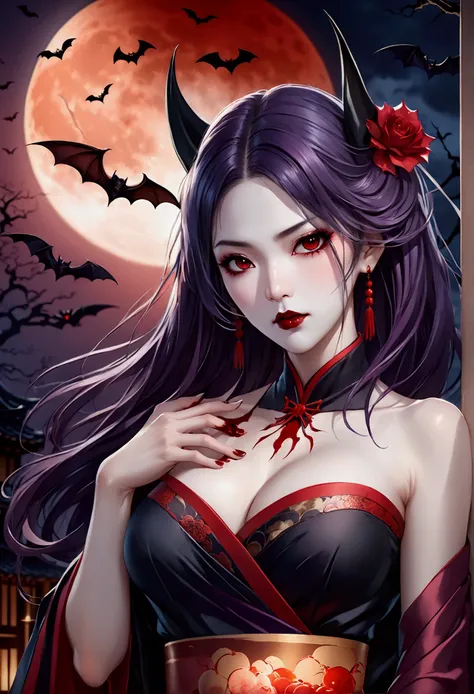 Asian vampire ,  detailed skin , white,  kimono clothing and gothic ,  purple silk hair , aggressive look, blood on the chest . red full moon, red moonlight, bats. (( masterpiece ,  top quality,  High resolution ,  Highly detailed 8K CG unified wallpaper))