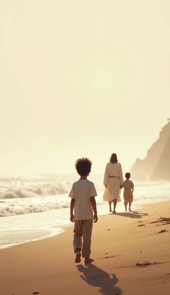 An image of a beach , That in the distance Jesus is walking side by side with a young boy who can see both of them from behind,  the boy is dressed in a t-shirt and pants ,  all this in a faint and calm tone 