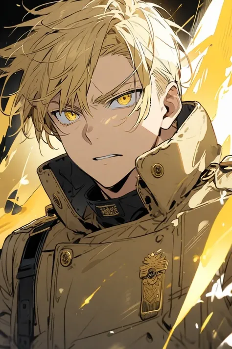 blond man short air military golden eyes
