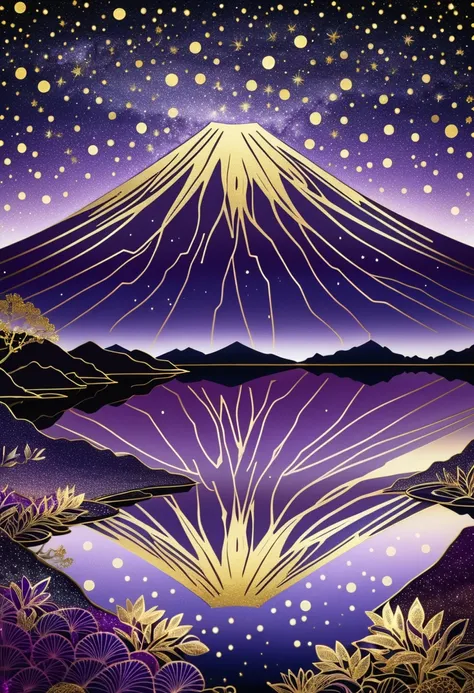 (Top Quality, High Resolution, Ultra Clear), Gold purple Tone, Mt. Fuji, Starry Sky, Zentangle Landscape, Gold Foil Art

