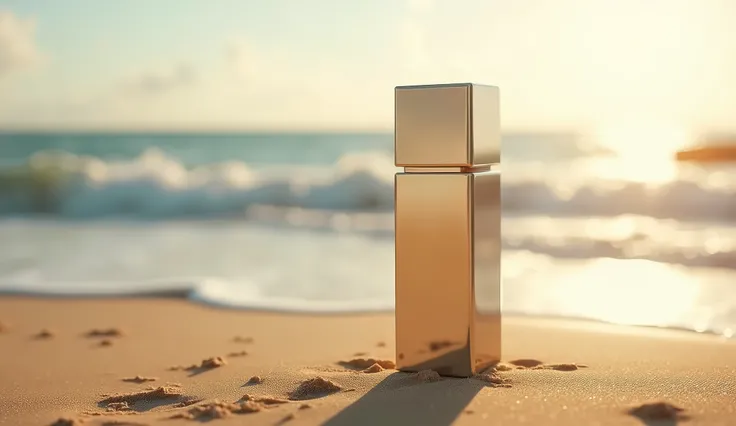 a serene beach, golden sand, crashing waves, warm sunlight, a luxury product on display, minimalist and elegant product design, reflective surface, high-end packaging, lifestyle product photography, shallow depth of field, cinematic lighting, ethereal atmo...