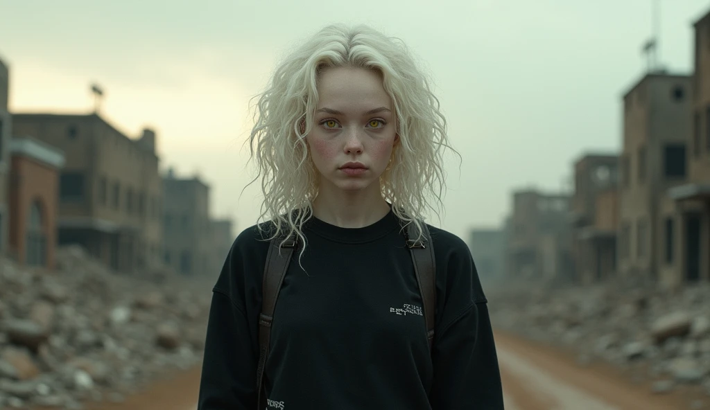 Young albino woman, amber eyes almost yellowish, curly medium  hair, into a apocalypse scenario wearing a black sweatshirt